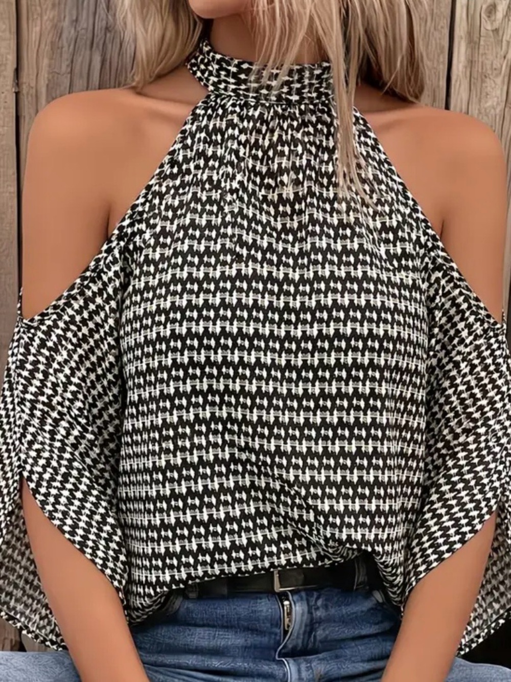 Cold-Shoulder Halter Top in Black & White Houndstooth